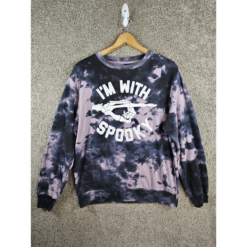 Mad Engine I'm With Spooky‎ Tye Dye Purple Skeleton Hand Crew Sweatshirt Mens L